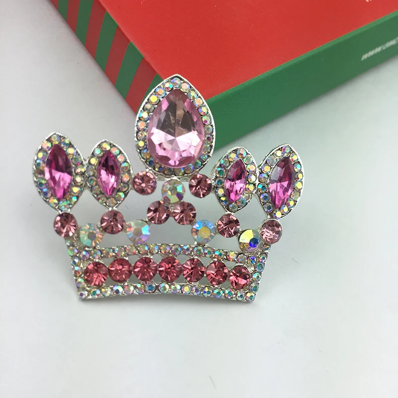 50 шт./лот Серебристая брошь в виде короны с розовыми кристаллами и стразами кулон
