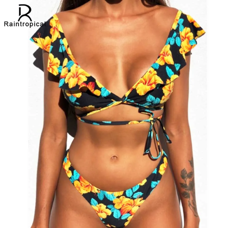 Женский купальник-бикини с завязками Raintropical бандажный купальник в стиле пэчворк