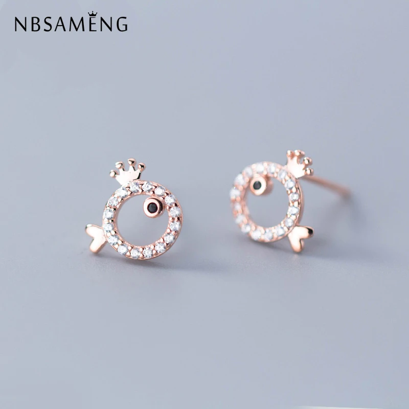 NBSAMENG 100% стерлингового серебра 925 Серьги крошечные 9*9 мм Корона рыбы кристалл