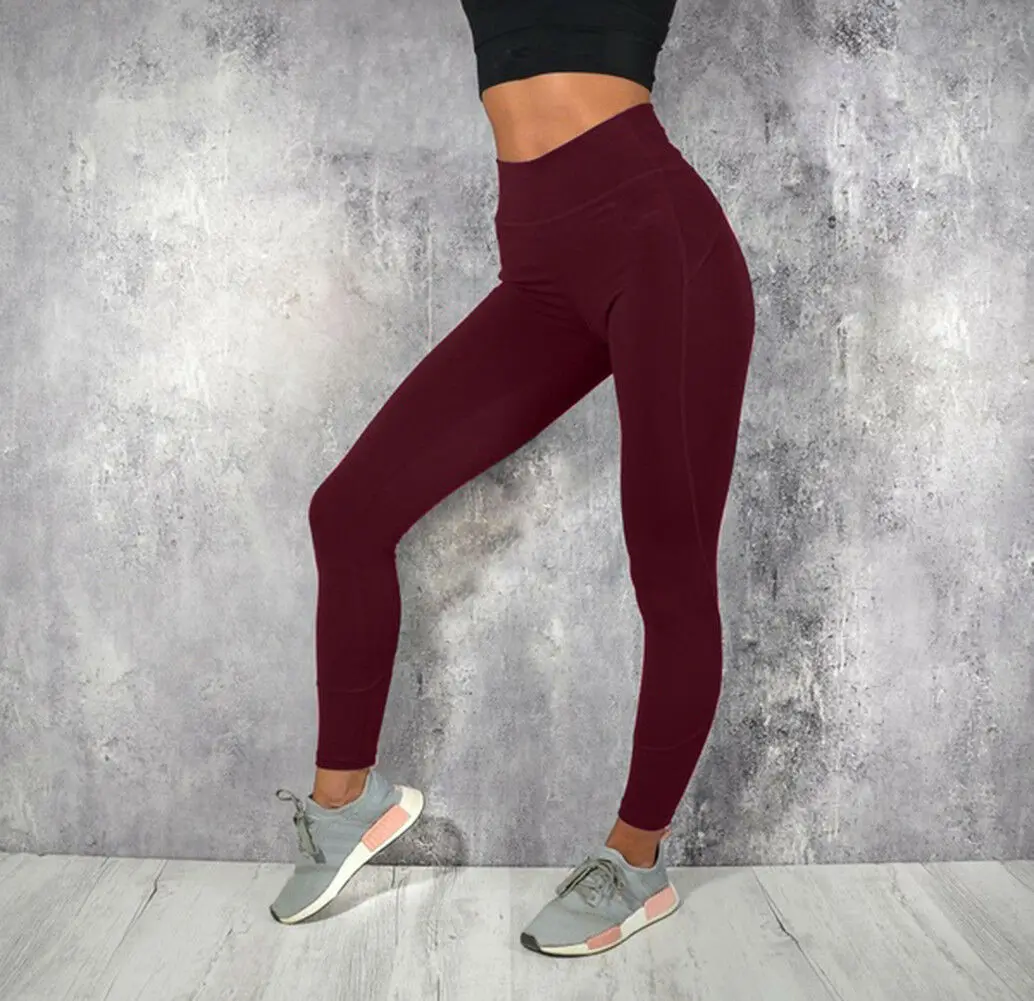 Для женщин Soild Цвет Спорт Леггинсы с высокой талией Push Up Леггинсы для йоги тренажерный зал упражнения облегающие штаны для бега бег - Цвет: Wine red
