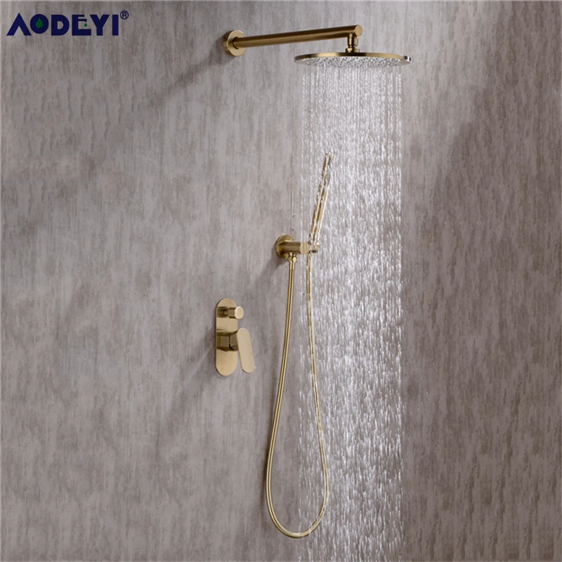 solid brass bathroom shower set rianfall shower head shower faucet system wall mounted shower arm mixer water sets brushed gold free global shipping