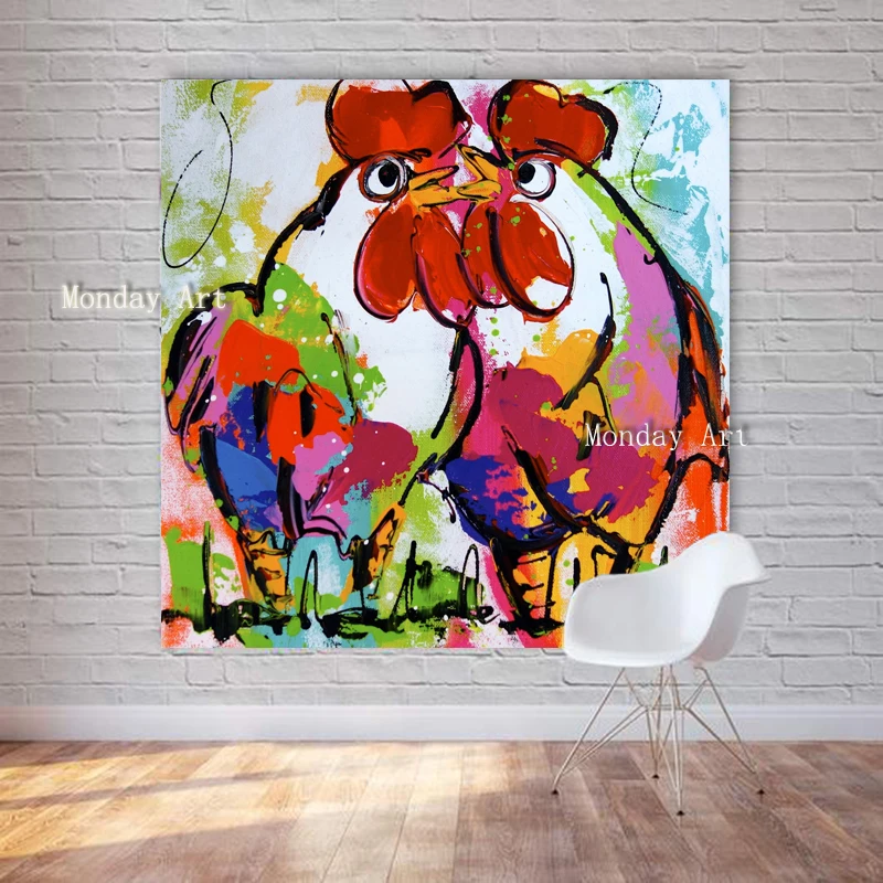 Hand painted Chicken Love Animal oil Painting Canvas wall Art Wall Pictures For Living Room study cafe Abstract home Decor | Дом и сад