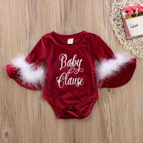 

Baby Kids Girls Christmas Santa Clothes Claus Fur Long Sleeve Romper Jumpsuit Outfits One Piece Clothes