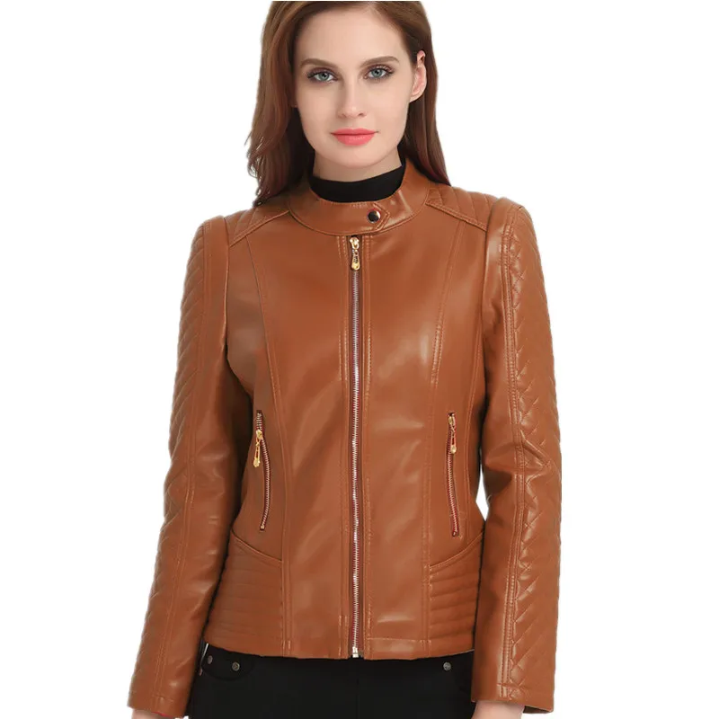 Женская кожаная куртка осенняя со стоячим замком большого размера|women's fashion leather