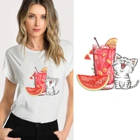 juice drink cute cat ironing on heat transfer printed patches stickers for clothes t shirts washable diy cat patches appliques