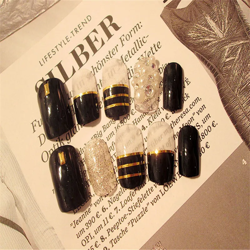 

24pcs top quality fashion new pearl rhinestone embellishment square head black fake nail patch DIY nail art design