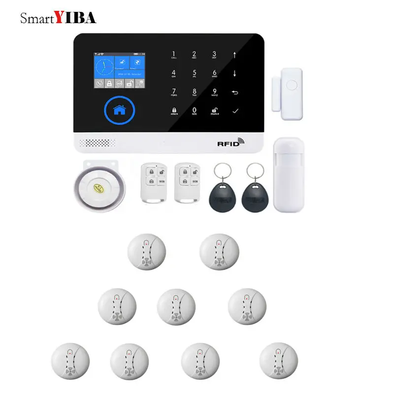 

SmartYIBA APP RFID Control Wireless Quad-Band GSM Alarm Intelligent Burglar Home Security System Smoke Detector Siren WIFI Alarm