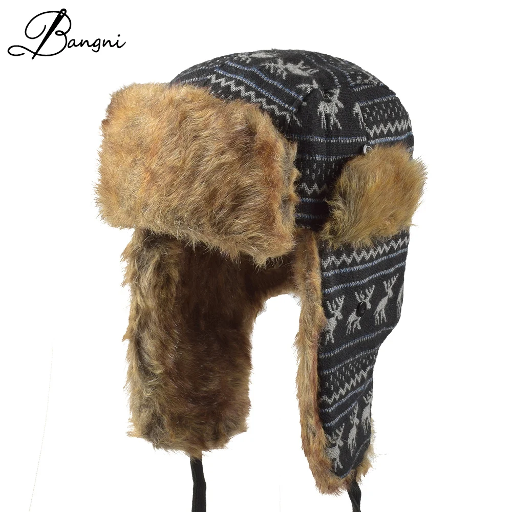 

Unisex Winter Knit Ear Flap Cap Men Russian Ushanka cossack Women's Trapper Faux Fur Bomber Hat Pilot Aviator Cap Hat