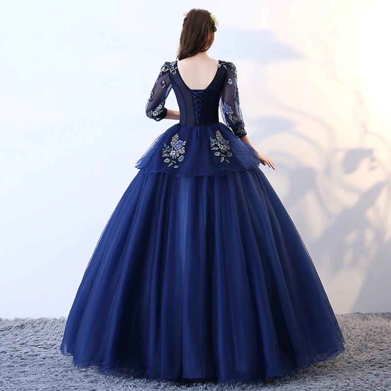Vestido De 15 Anos темно синие пышные платья бальное платье с рукавом три четверти Debutante