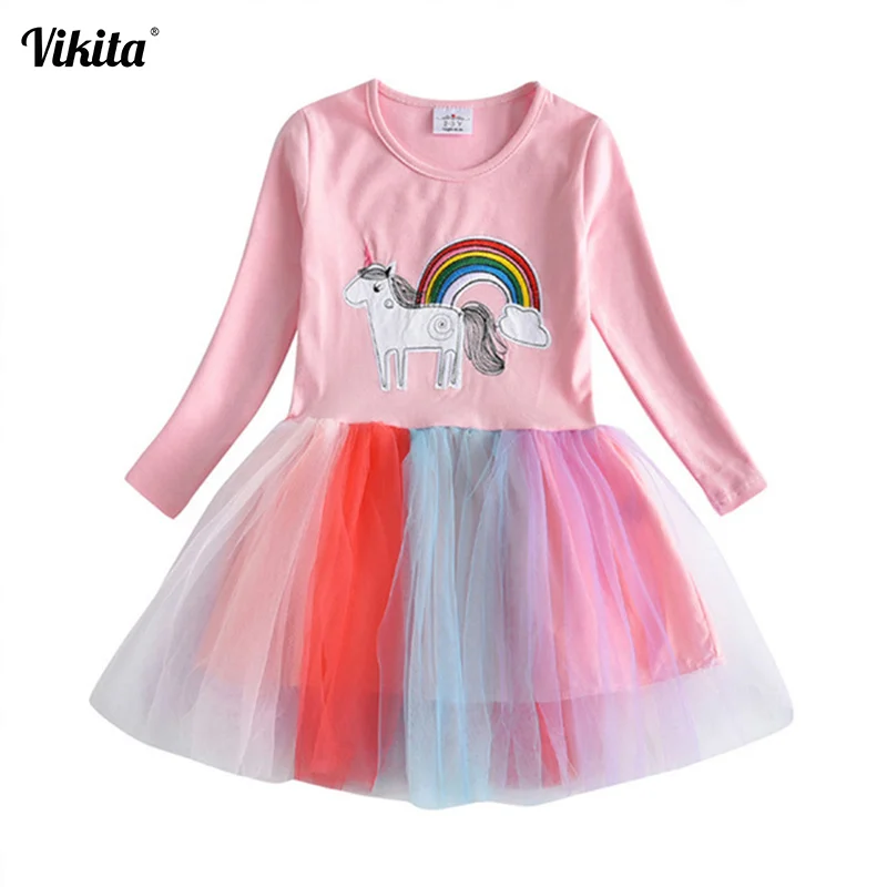 VIKITA Girls Dresses Unicorn Cartoon Dress Kids Party Tutu Casual Children Licorne Long Sleeve LH4576 | Детская одежда и обувь