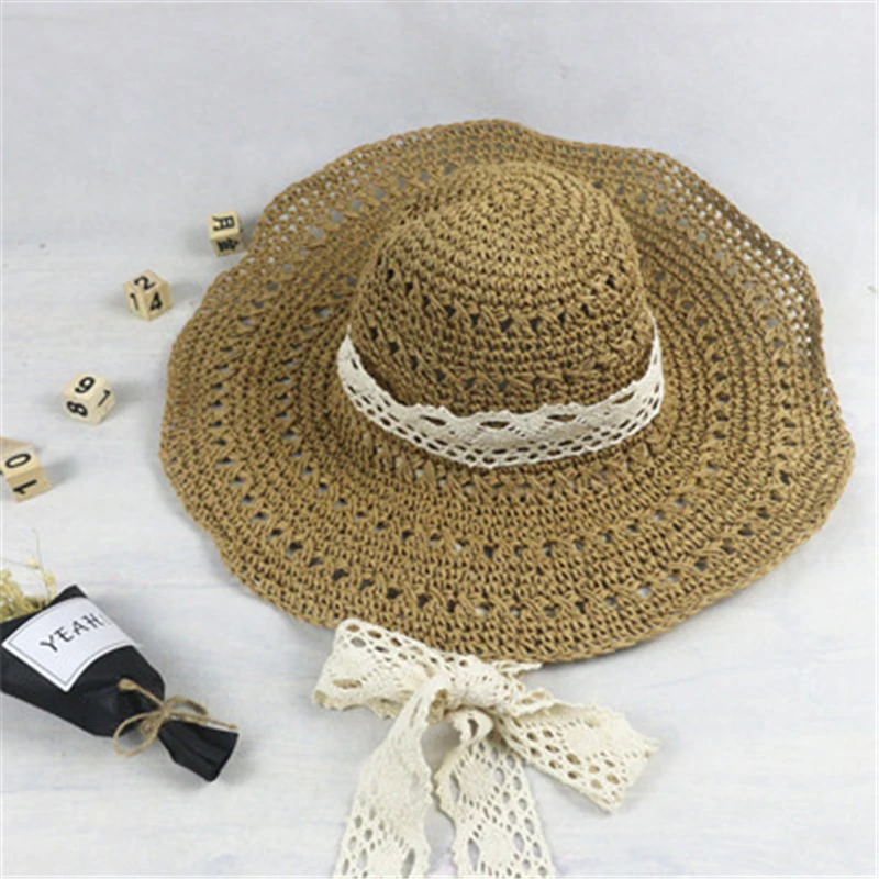 

Women Lace Straw Summer Beach Sun Hat 56-58cm Hollow Out Wide Brim Cowboy Foldable Hats Floppy Fashion Vintage Cap 904-A428