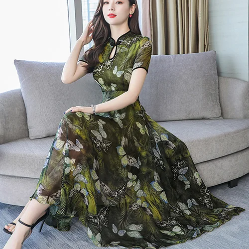 Цвет: желтый Летнее шифоновое платье миди в винтажном китайском стиле с цветочным принтом, 3XL, плюс размер, сарафан с принтом, женское элегантное облегающее платье для вечеринки, Vestidos - Цвет: Цвет: желтый