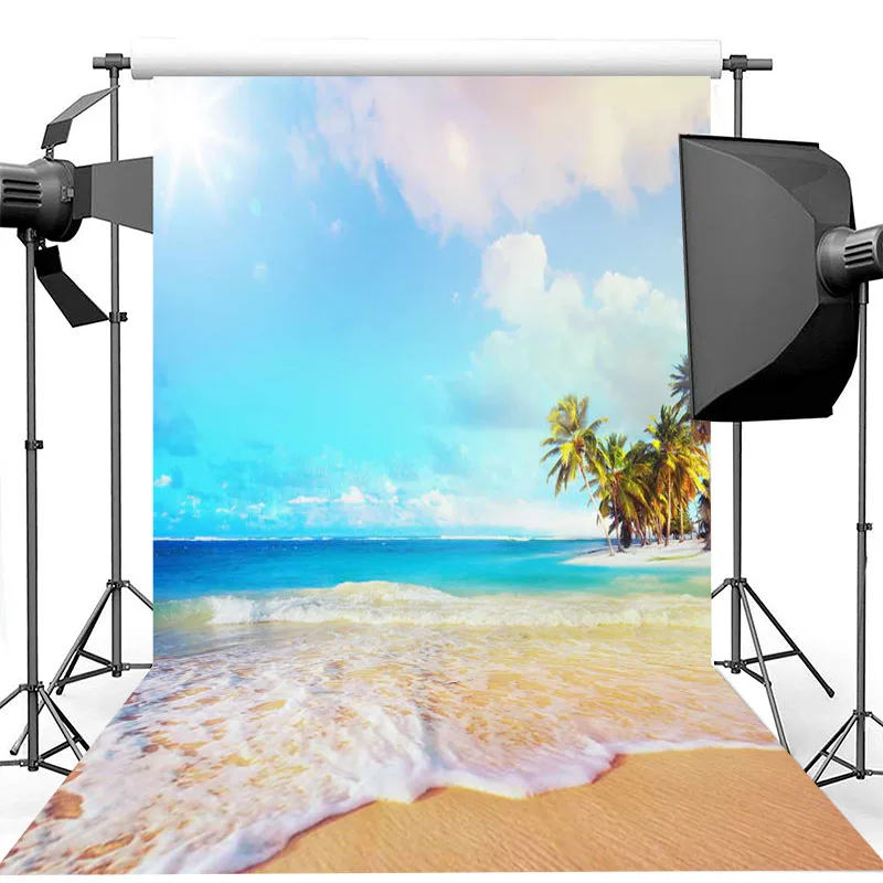 

Фон для фотосъемки с изображением пляжа, летнего отдыха, солнечного пляжа, голубого неба, белых облаков