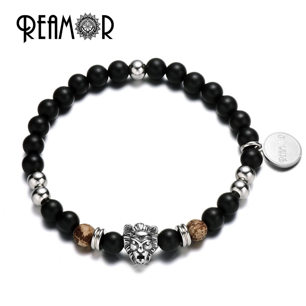 Мужской браслет из нержавеющей стали REAMOR 316L с натуральным черным матовым ониксом