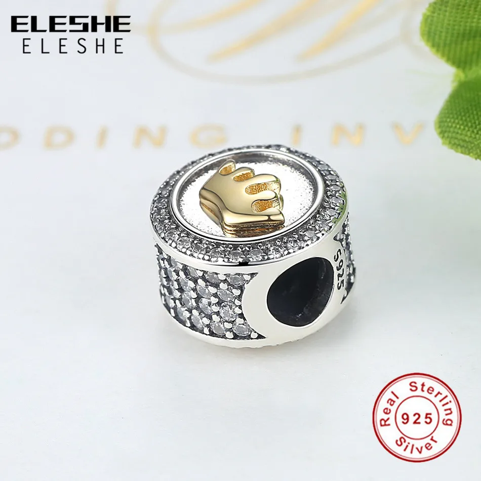 Подходит для аутентичного ELESHE, браслет, серебряные подвески, 925, Европейский золотой цвет, форма короны, кристалл шармы бусины, сделай сам, ювелирное изделие, подарок