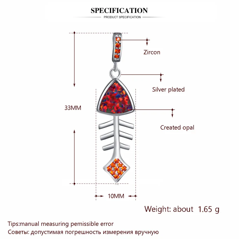 Rolilason новых рыбных костей Шарм Подвеска Оранжевый Кристалл опал серебряный кулон