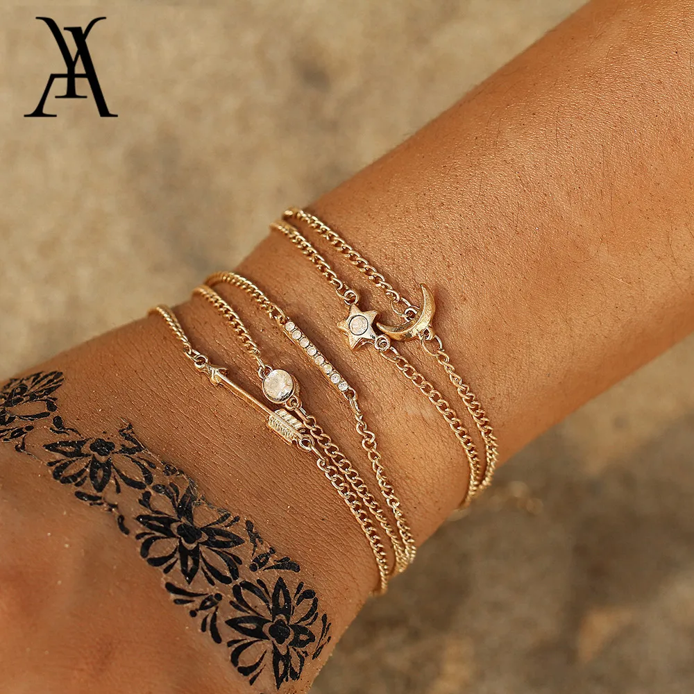 Минималистский золотой цвет слоистых браслет цепочка комплект Boho укладки