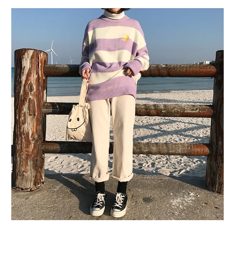 Корейский полосатый лунный Женский вязаный свитер Harajuku Preppy Kawaii Ulzzang женские свитера осенние японские теплые пуловеры с длинным рукавом