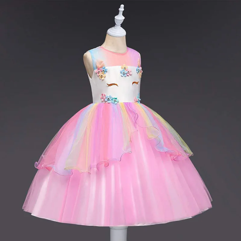 2019 Girl Unicorn Peng Rainbow Princess Children's Birthday Christmas Girl's Dress Wedding Party Детская одежда и обувь