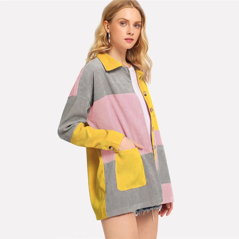 

Mixed Color-Block Pocket Corduroy Coat Autumn Women Fashion Casual Single Breasted Clothing Coats For Female Outerwear Lady