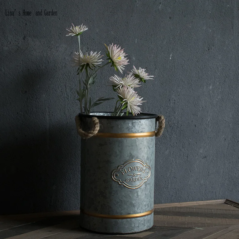

cylinder hemp rope handles handcrafted vintage retro galvanized bucket flower display