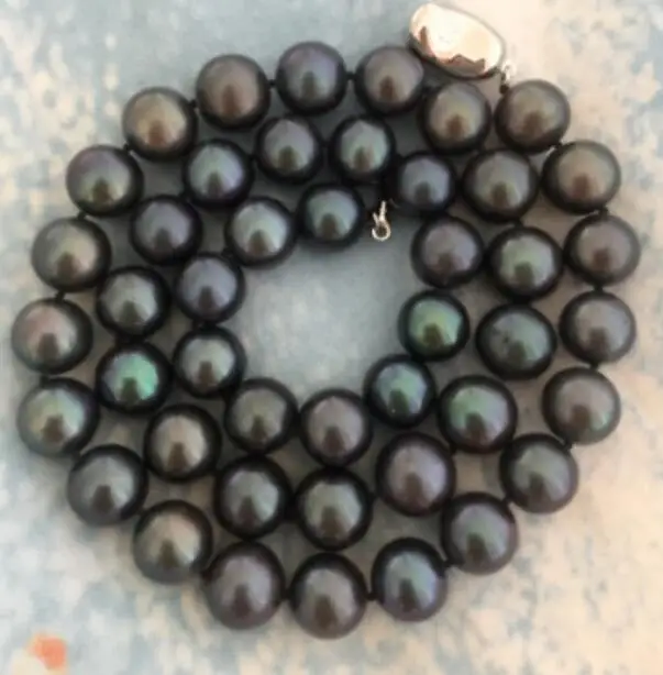 Очаровательное ожерелье из таитянского круглого черного и зеленого жемчуга 11-12