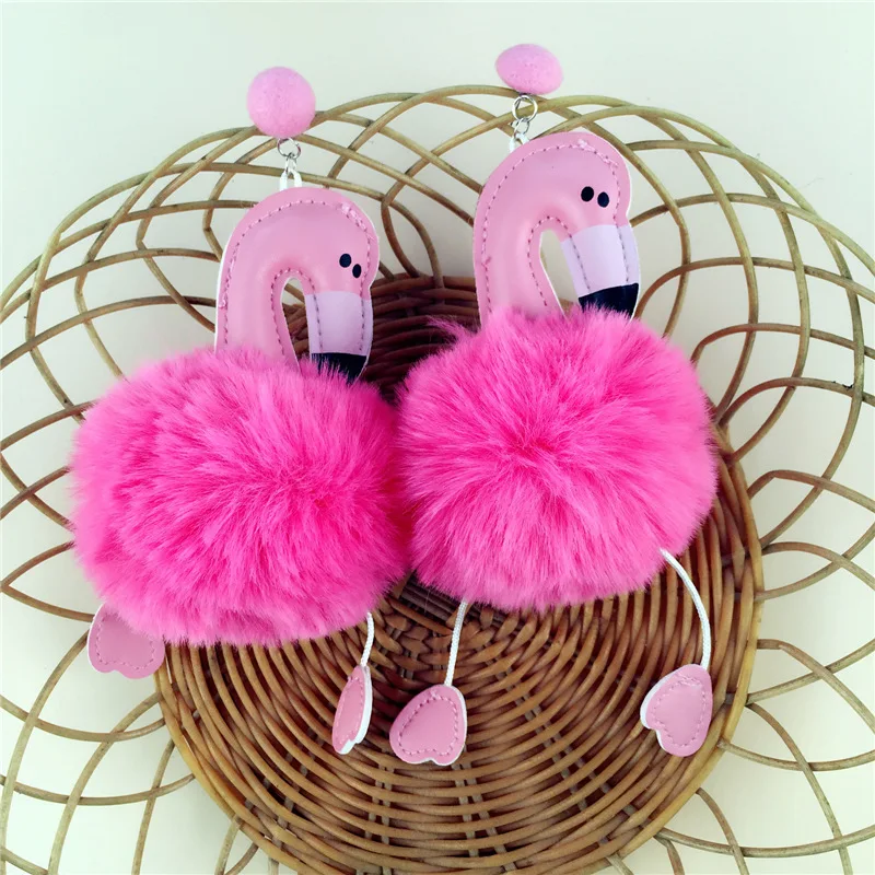 Fishsheep мультфильм большой Фламинго pom кулон Висячие серьги для Для женщин пушистый искусственный кролик Мех животных мяч животных мотаться earrrings