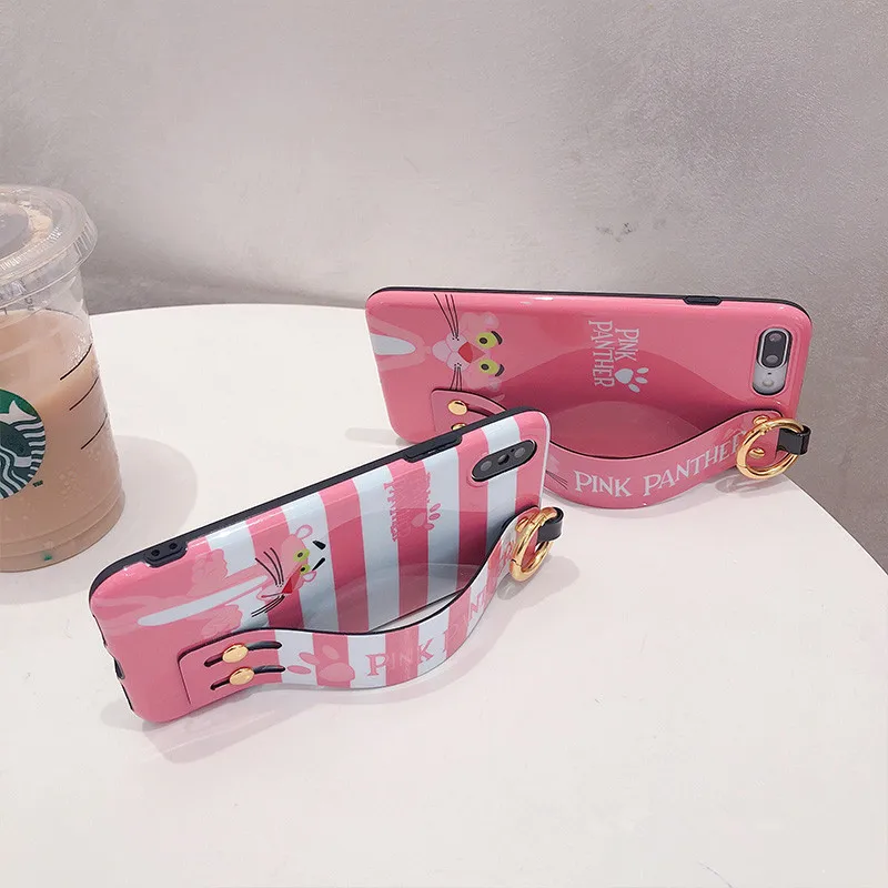 Luxury Cartoon Pink Panther Phone Case For iPhone 7 Puls 6 6S 8 X XS Max XR Cases Soft silicon Wristband Back Cover |