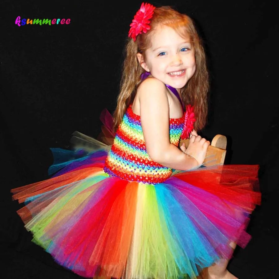 Ksummeree Rainbow Bright Fun Fluffy Tutu Dress Girls Summer Baby Birthday Party Halloween Christmas Costume TS126 | Детская одежда и