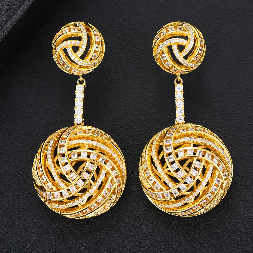 GODK 54mm Luxury Hollow Ball Statement Drop Earrings For Women Wedding Cubic Zircon Party Dubai Bridal Jewelry | Украшения и