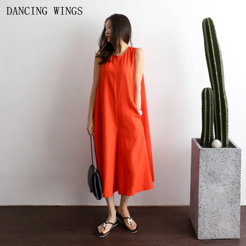 Комбинезон женский летний из хлопка и льна свободные брюки с широкими штанинами