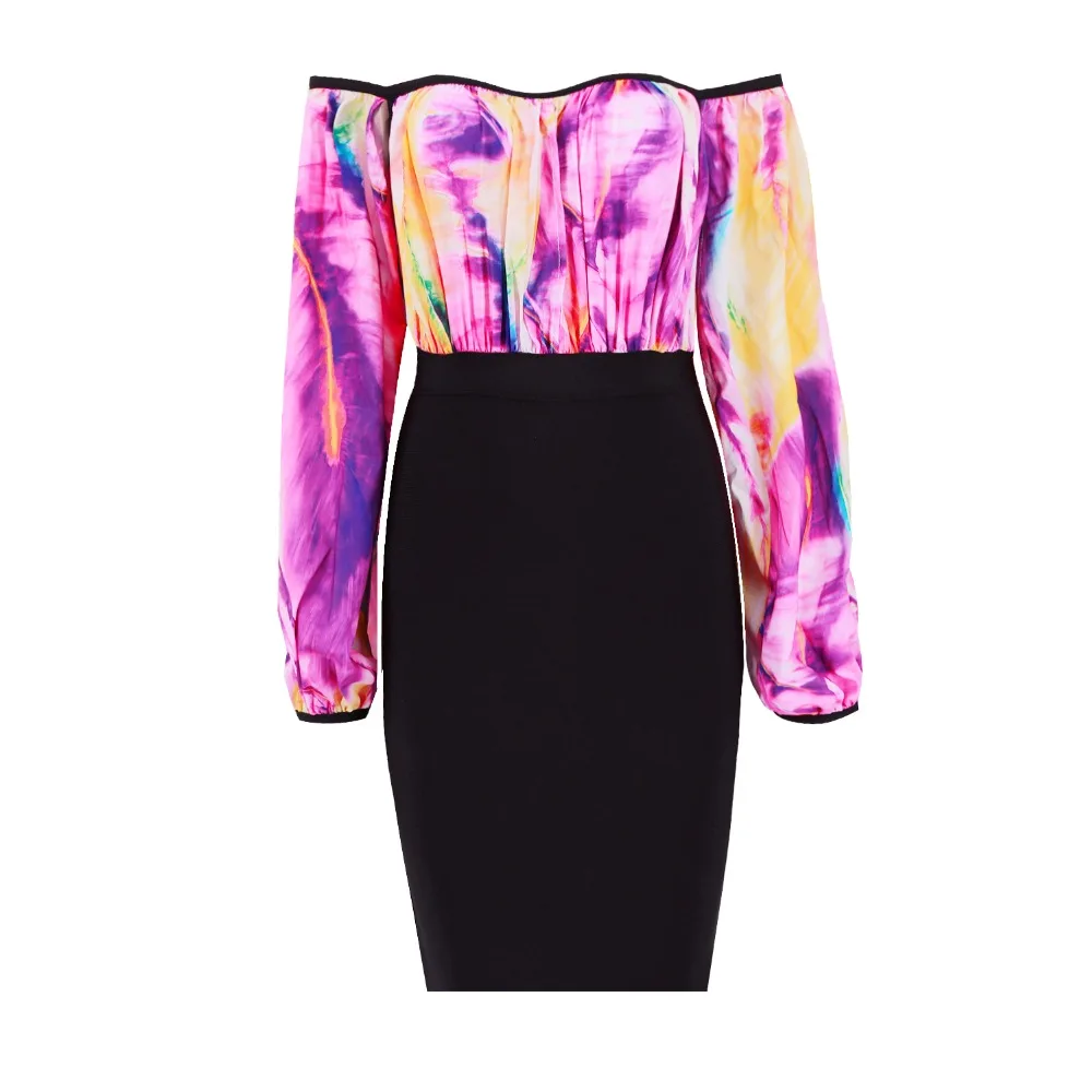 Женское облегающее платье с длинным рукавом Элегантное черно-фиолетовое