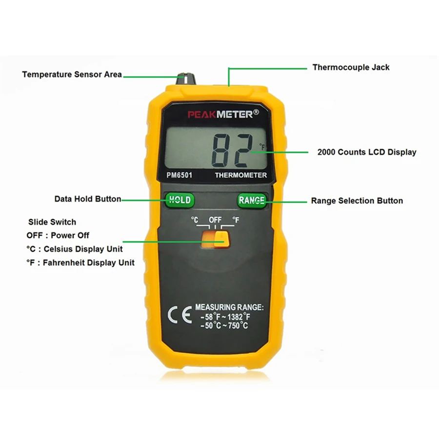 PEAKMETER PM6501 High Accuracy LCD Wireless Digital Thermometer K-type Temperature Meter with Thermocouple Probe Data Hold Key |