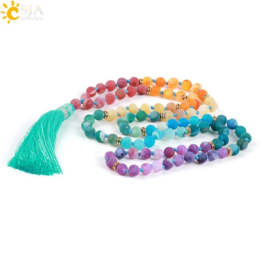 Женское длинное ожерелье CSJA из 7 чакр с кисточкой камня Mala Amazon Lapis Lazuli Tiger Eye Boho