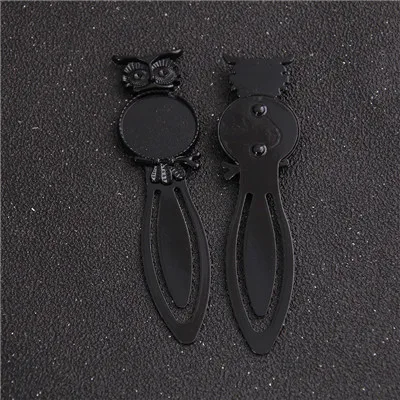 black 2pcs Three Color 20mm Cameo Steel Animal Owl Bookmarks Round Cabochon Settings Jewelry Blank Charm - Color: black