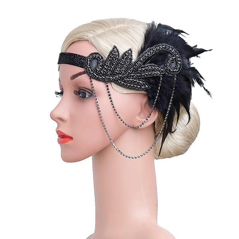 black headband 1920s Гэтсби блесток бахромой Пейсли Винтаж бисером Хлопушка вечерние платья с 20s аксессуары набор плюс размер(черный/белый/синий/красный - Цвет: black headband
