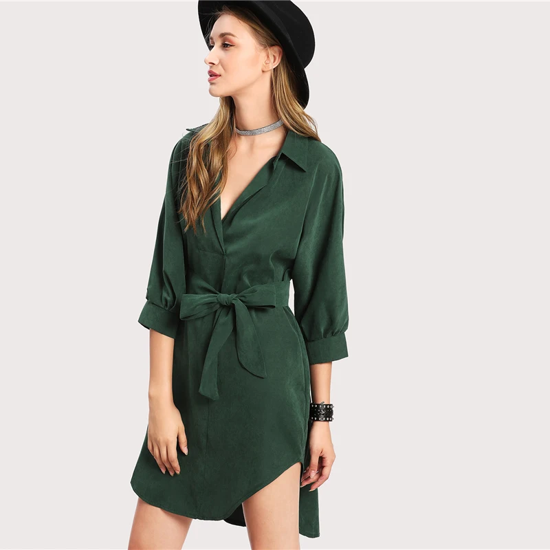 Sheinside, зеленое платье-рубашка, женское платье с отложным воротником, рукав 3/4, с поясом, асимметричное короткое платье, летнее офисное платье