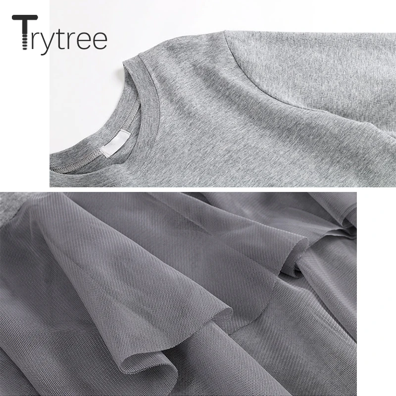 Trytree летнее уличное платье для женщин асимметричное Каскадное Плиссированное Сетчатое лоскутное платье-футболка с круглым вырезом свободное однотонное Повседневное платье