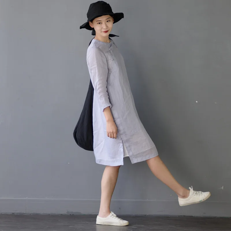 SCUWLINEN, vestidos, летнее платье, винтажное, однотонное, три четверти, ручная работа, на кнопках, платье из рами, короткое, повседневное, платье S304