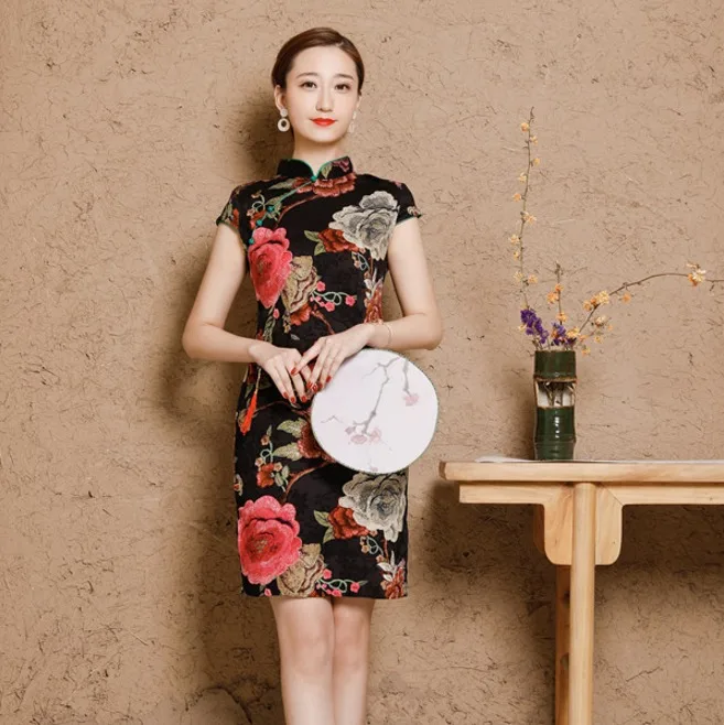 Женские льняные хлопковые Чонсам с изображением Шанхая Qipao платья плюс размер XXXL 4XL 5XL летние короткие китайские традиционные печати элегантные - Цвет: Черный