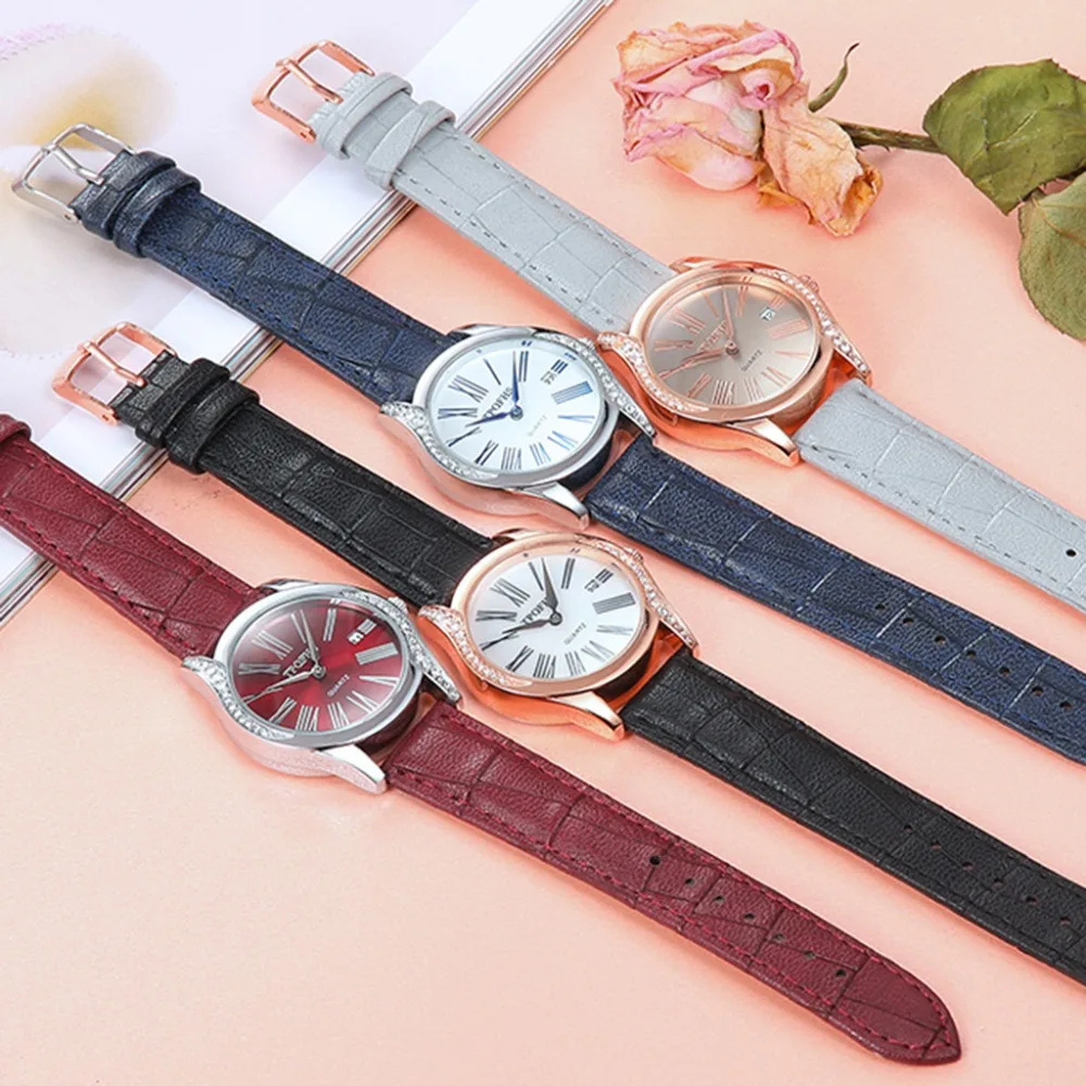 Женские наручные часы винно красного цвета с римскими цифрами кожаные