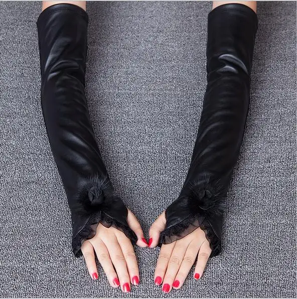 Ladies sheepskin gloves mittens autumn winter arm warmer real rex rabbit fur fingerless long women |
