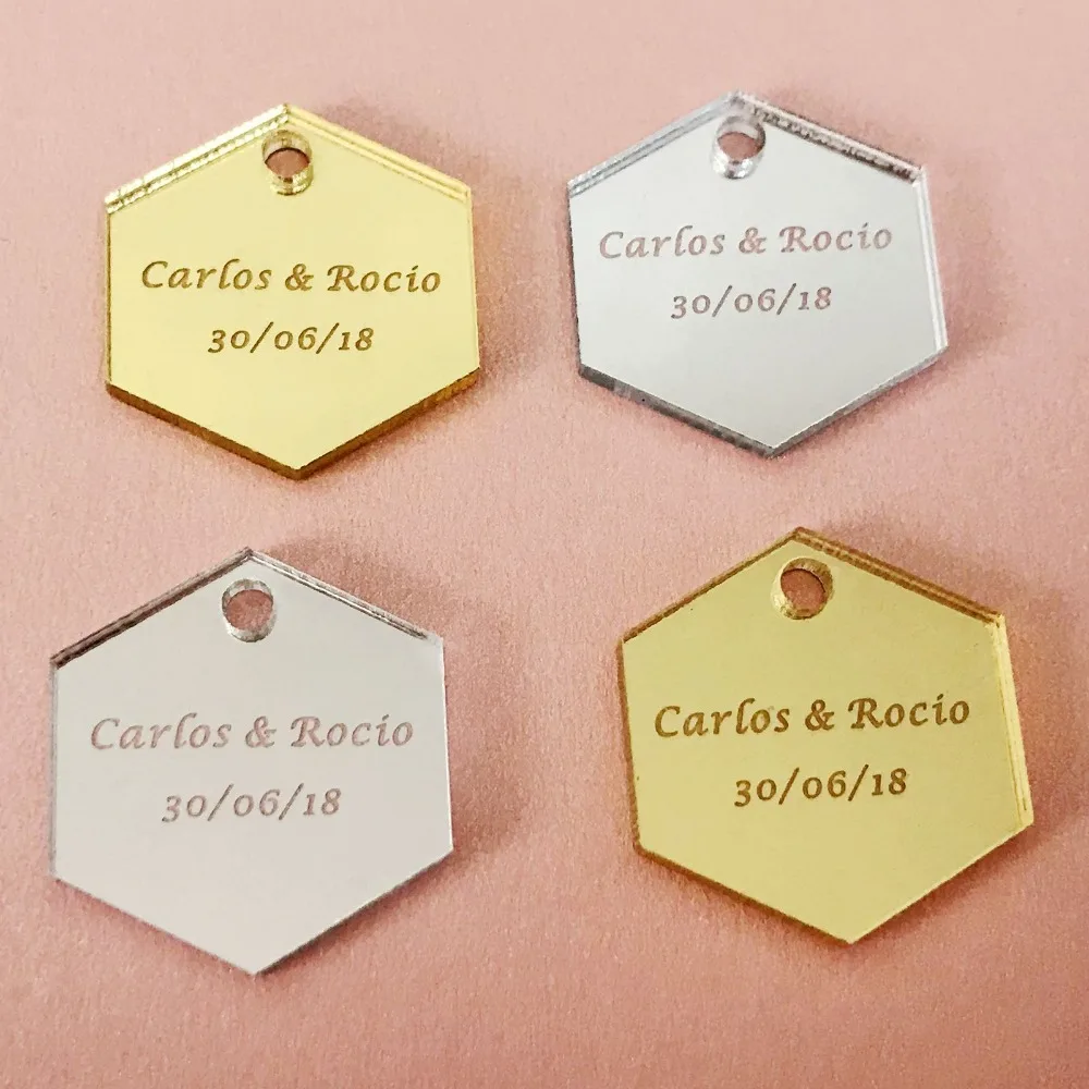 

100pcs Personalized Engraved Baby Baptism Hangs hexagon Wedding Gift tags Customized Tag hexagon tag Mirror Gold silver