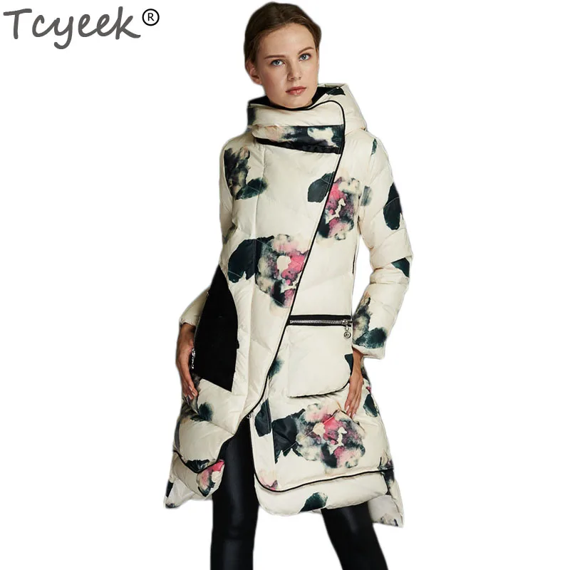 

Tcyeek Winter Jacket Women Parka 2020 European Print Floral High Quality White Duck Down Coats Long Thick Hooded Coat HJ296