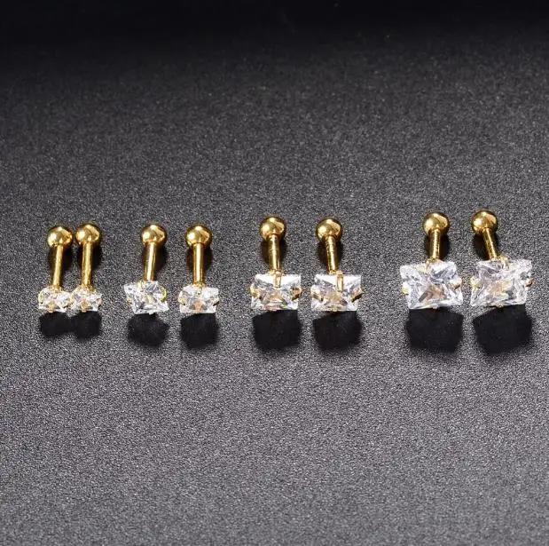 Square gold AOMU 2 шт кубический циркон зубец Набор уха верхние пробки тоннели пирсинг для уха трагус губы кольцо хряща серьги шпильки ювелирные изделия для тела - Окраска металла: Square gold