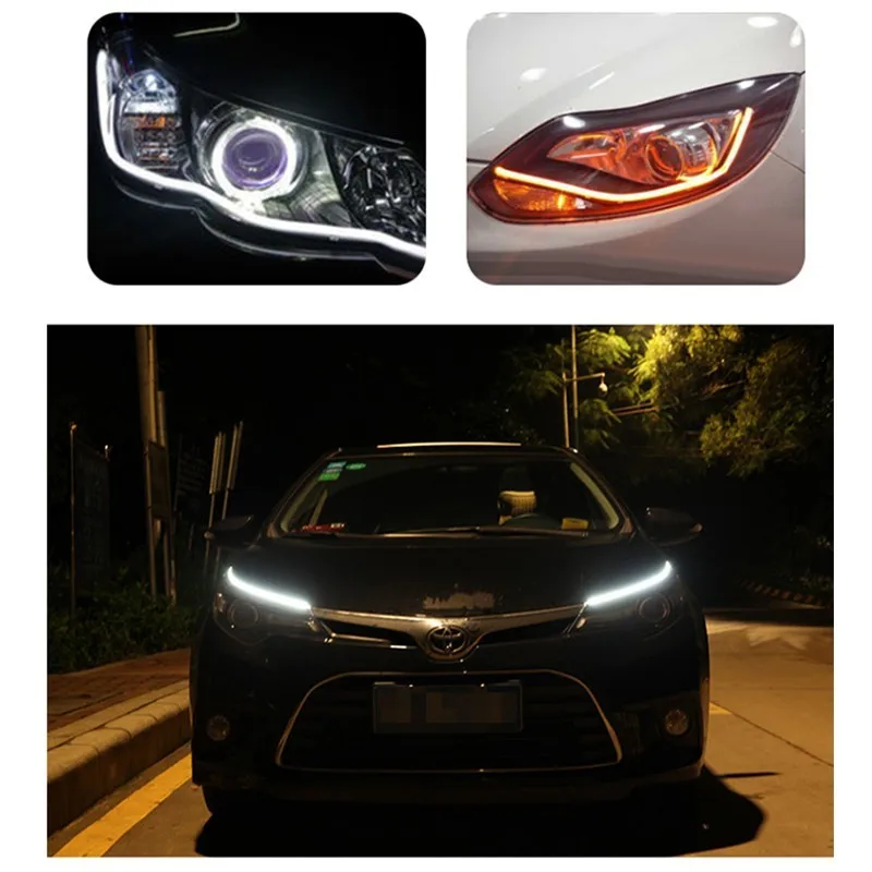 

2X Car 30/45/60 cm Flexible car flowing DRL Starting turns Angel eye white amber LED daytime running lights strip led headlights
