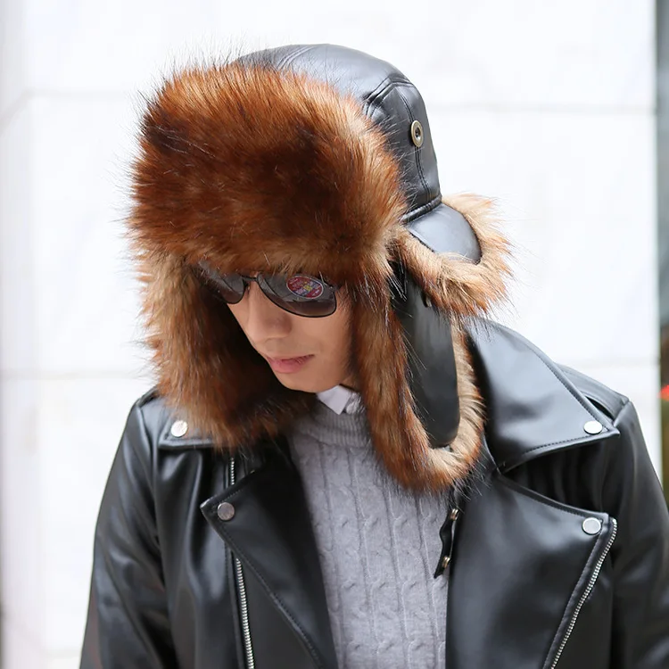 High Quality Winter PU Hats For Women Bomber Hat Faux Fur Avaitor Cap With Ear Flaps Hat Outdoor Wind Prevent Russian Snow Hat