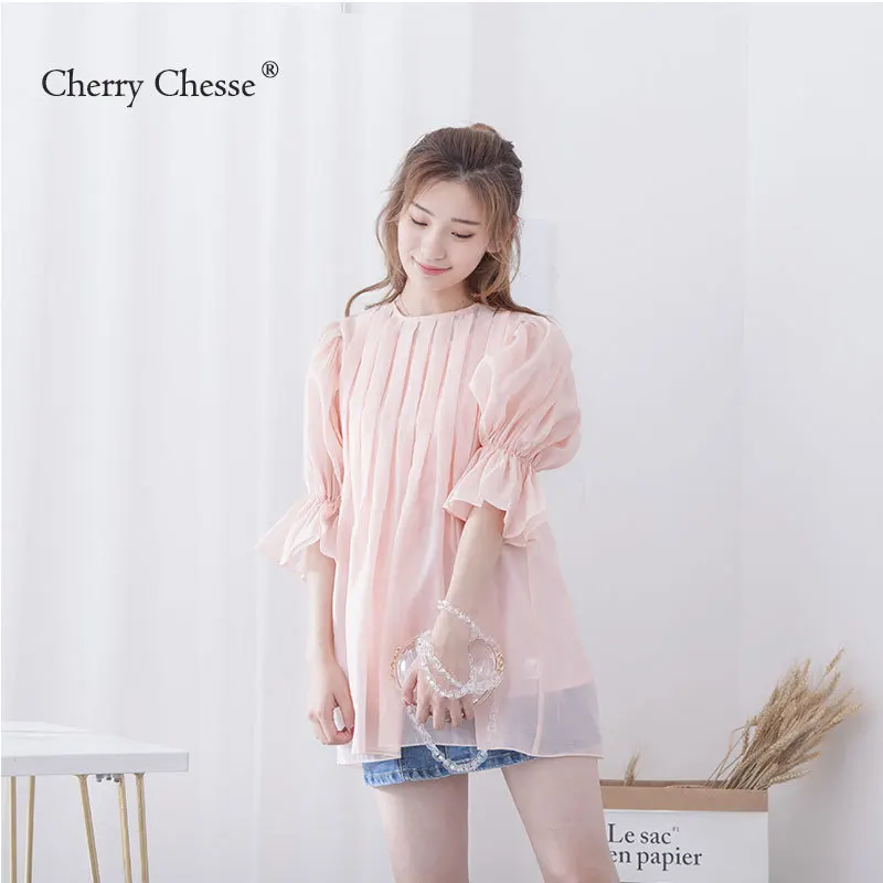 Cherry Chesse 2018 Лето Полупрозрачная блузка Для женщин с расклешенными рукавами