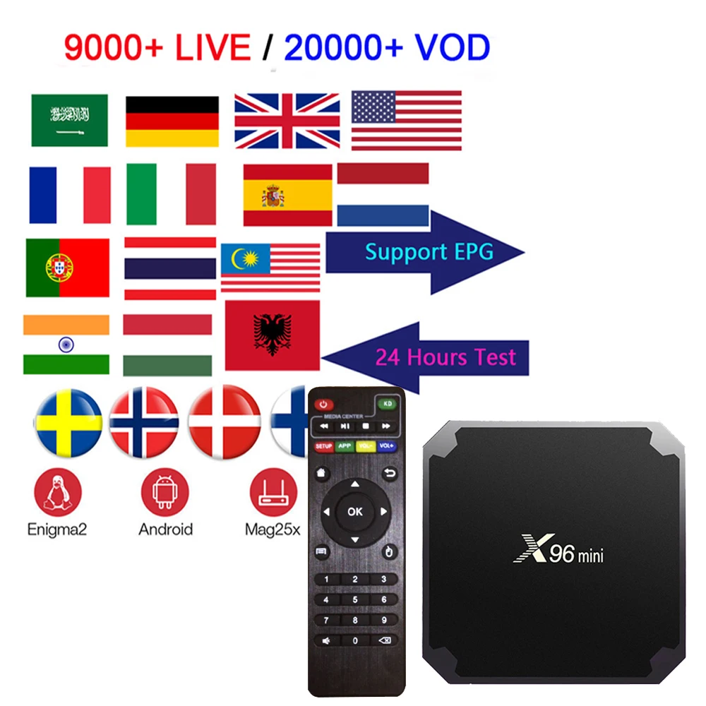 X96mini Amlogic S905W Android 7,1 Smart tv BOX с ip tv подпиской арабский Великобритания США Италия Французский Испания Швеция ip tv 9000+ live