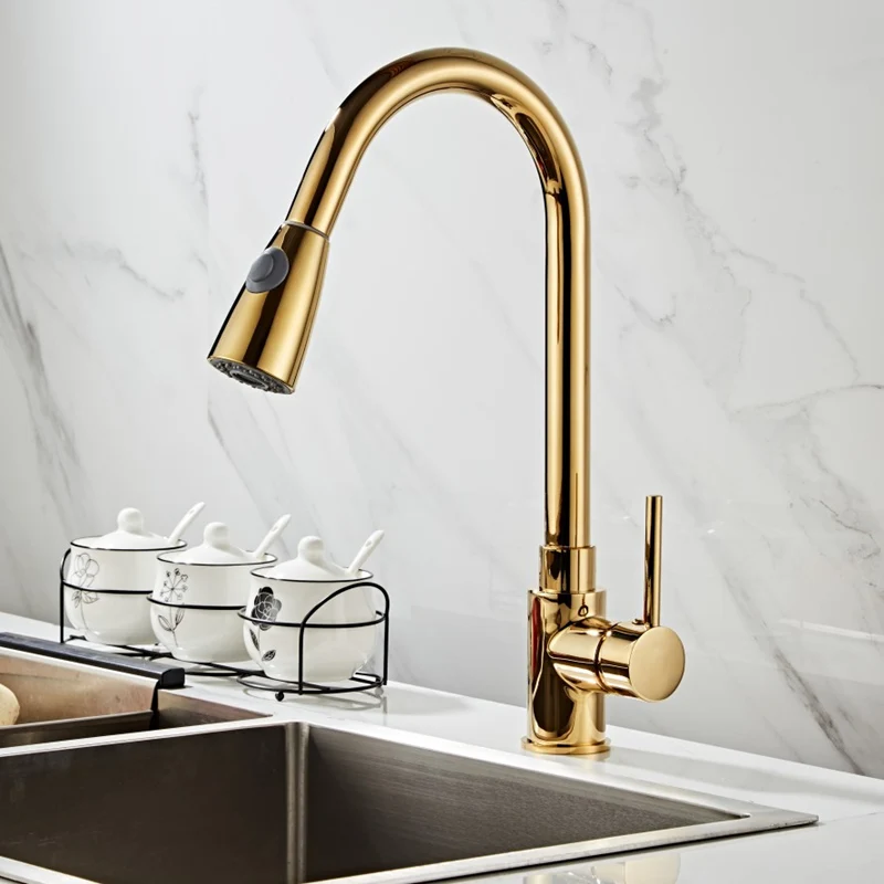 Золотые кухонные смесители выдвижной кухонный кран с одной ручкой Поворот на 360